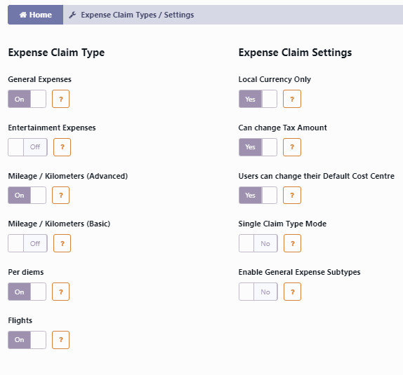 Expense Claim Types / Settings