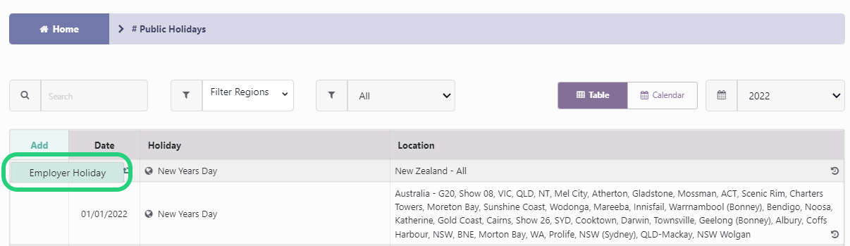Public Holidays Module